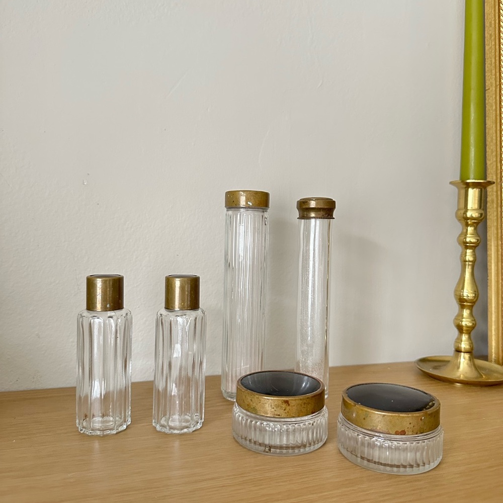 Antique Brass Detailed Set of Glass Apothecary/Skincare/Makeup Jars (6)